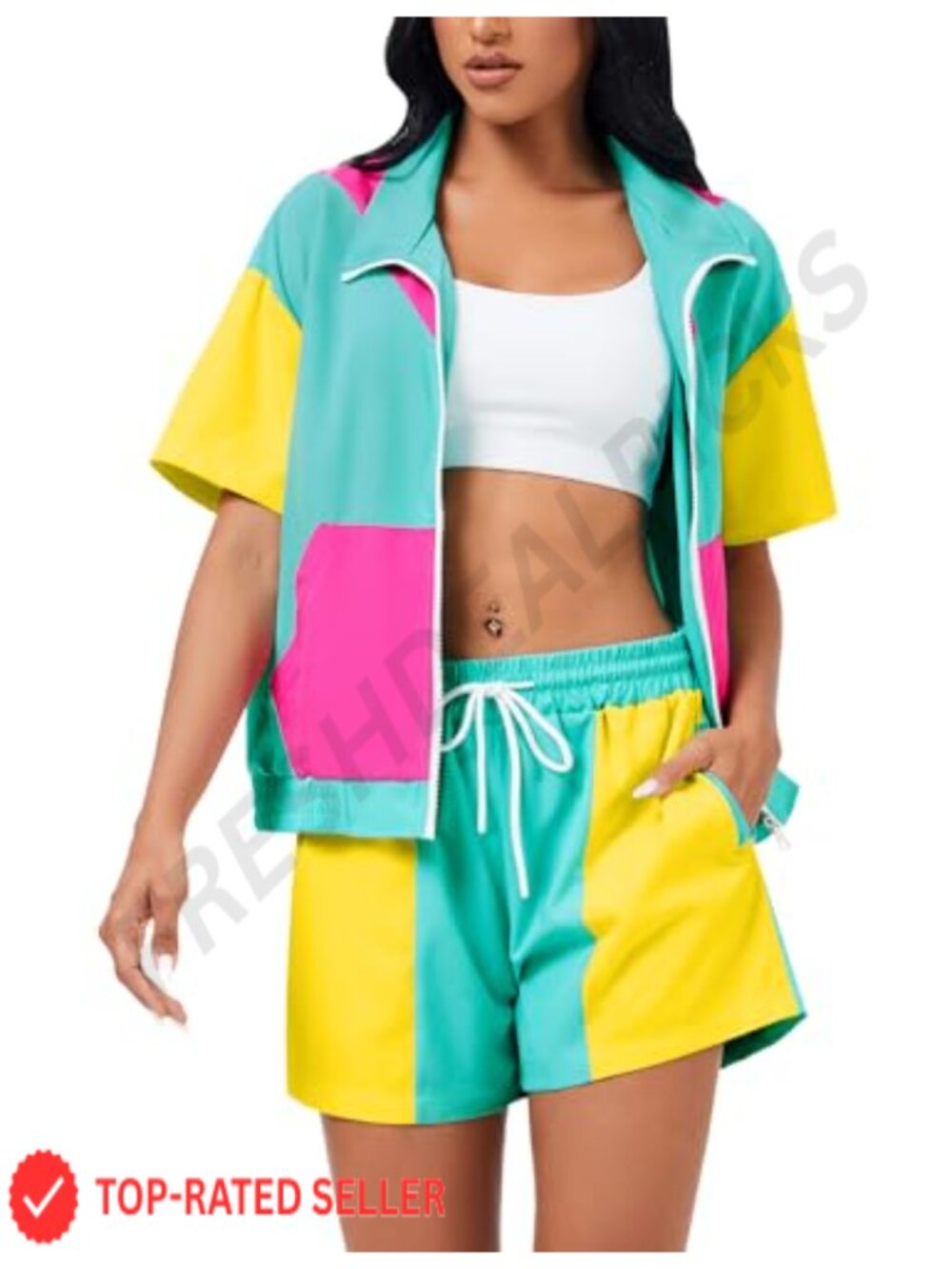 80s 90s Retro Track Suit 2 Piece Set Costume Women Short Sleeve